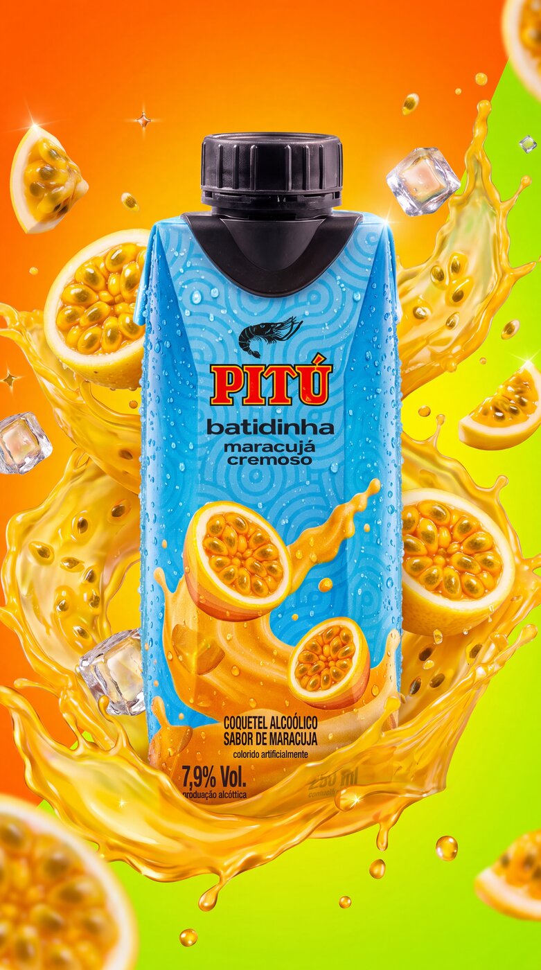 Still de produto Pitú Batidinha gerado com inteligência artificial